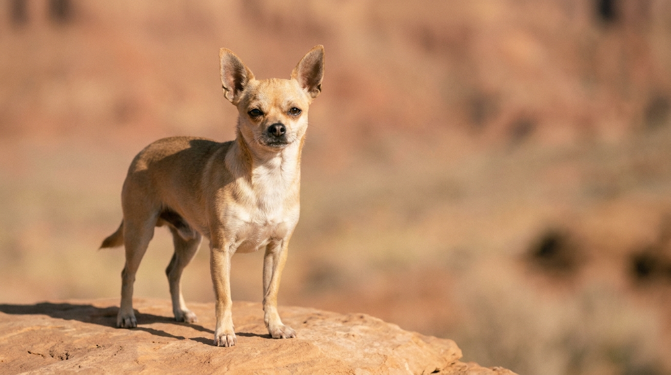 Kurzhaariger Chihuahua steht aufmerksam auf einem Felsen vor trockener, rötlicher Landschaft